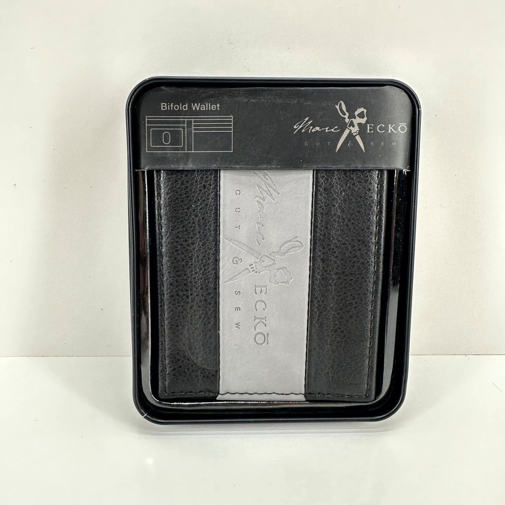 Marc Ecko Wallet Cut‎ & Sew Bifold Black Grey Leather Rhino Logo Tin Box